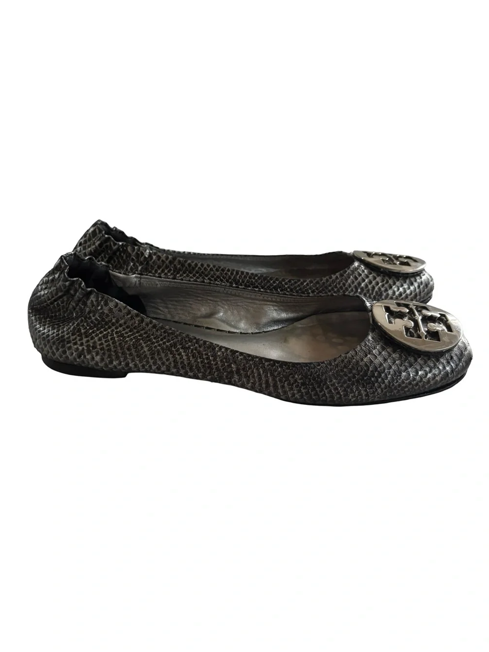 Tory Burch Black Reva Snake-Embossed Ballet Flats Sz 10